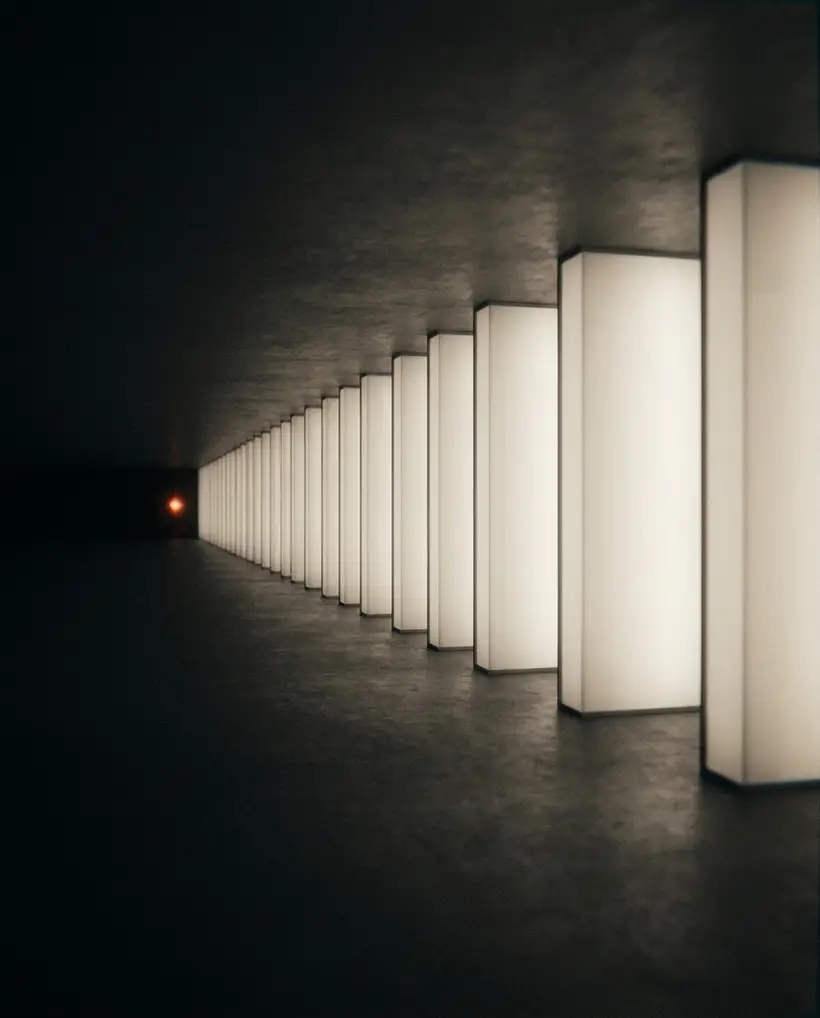 Repeating luminous panels receding into darkness with a warm orange pulse deep at the center.